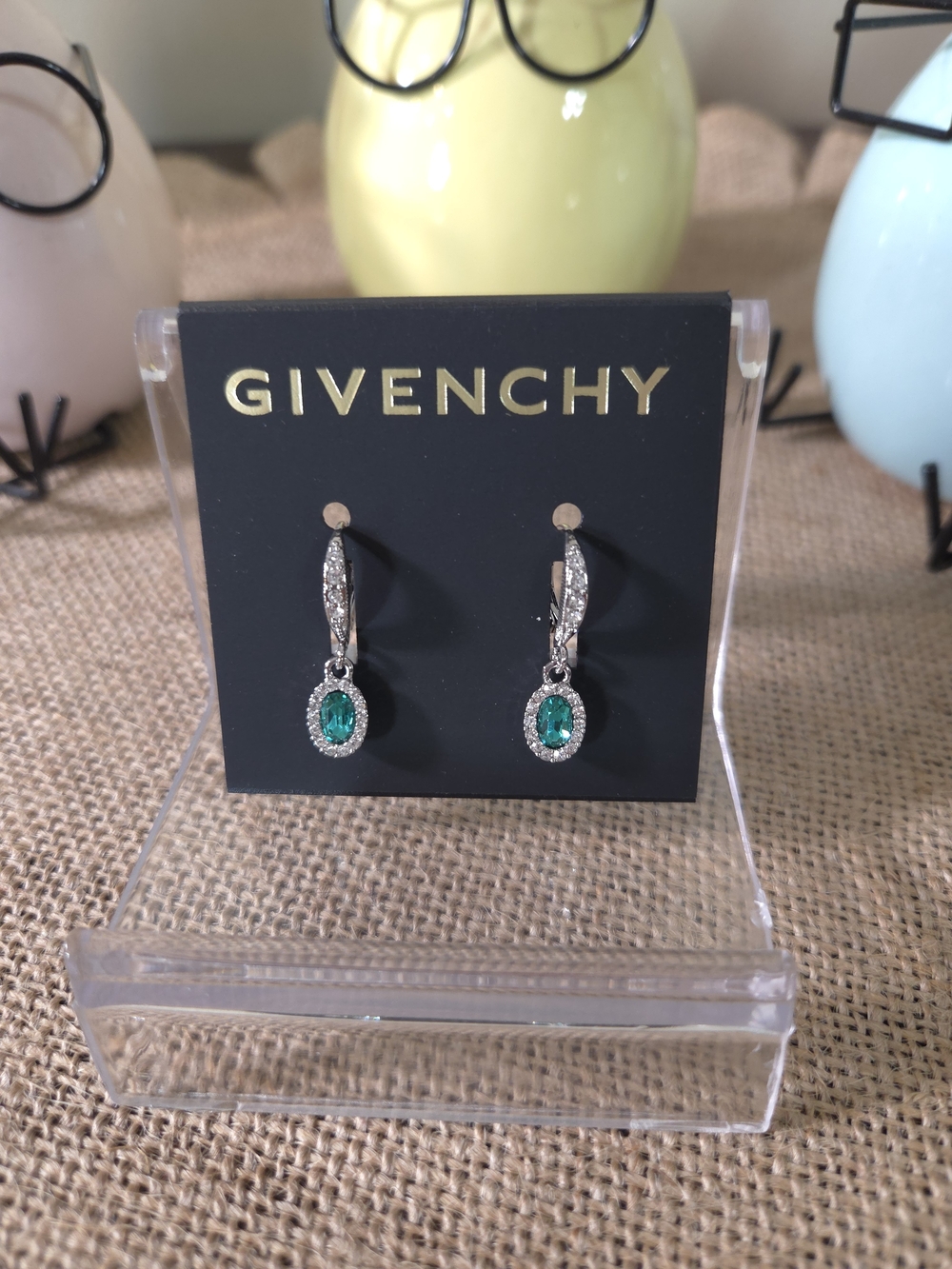 NWT Givenchy Silvertone Emerald Green Crystal Drop Earrings